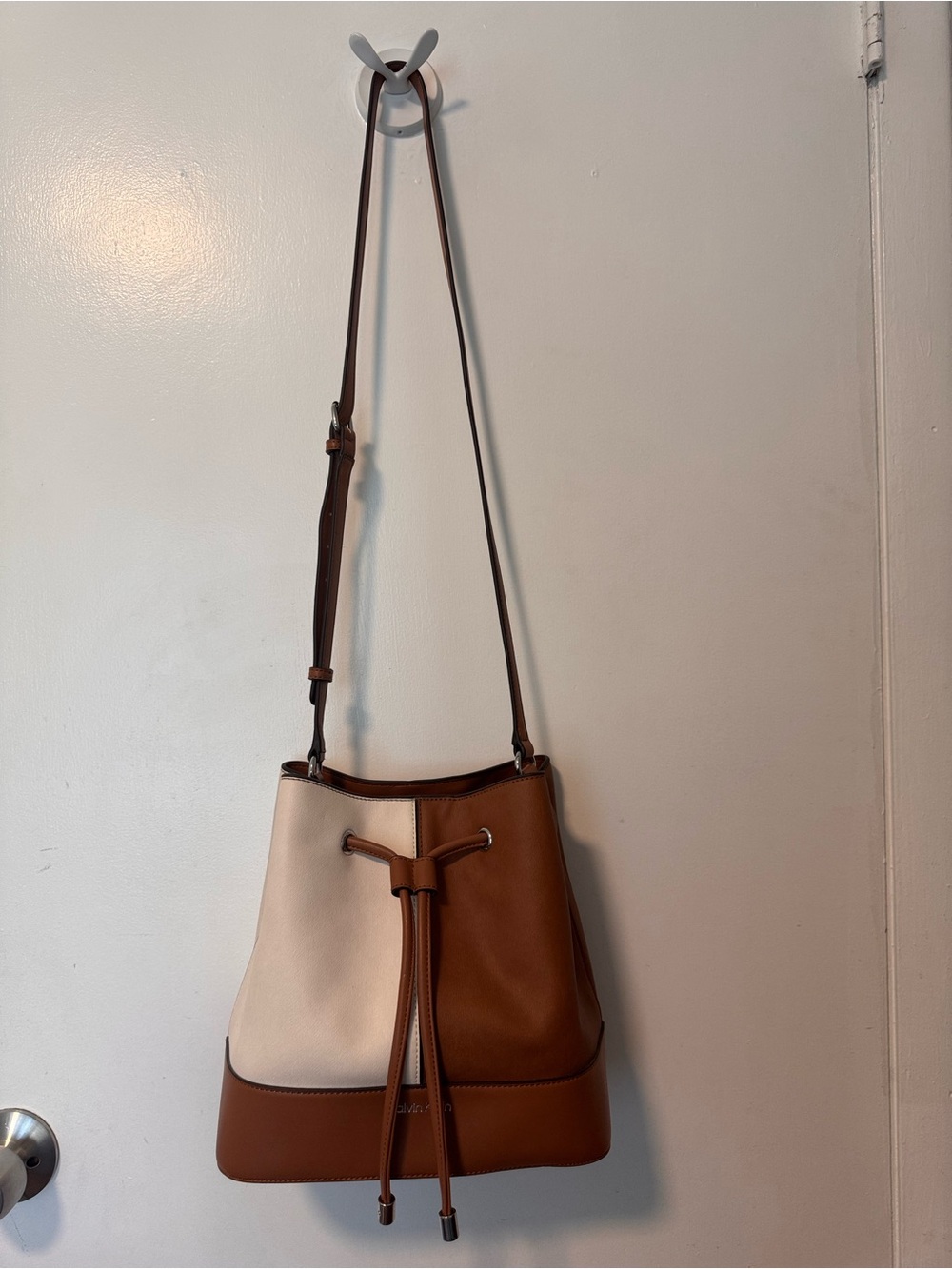 Calvin Klein Two-Tone Cream and Brown Drawstring Shoulder Bag - Picture 1 of 2